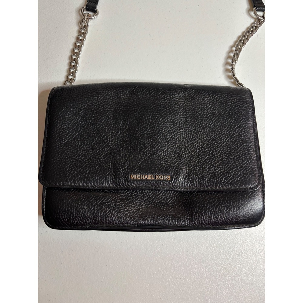 Michael Kors Black Pebbled Leather Crossbody Bag Silver Chain Strap Flap Bag